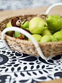 Close-up of pears and teddy in basket