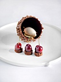 Chocolate cake with sour cream, ice cream and port wine cherries