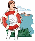 Illustration, Zeichnung, Skizze, Frau mit Rettungsring am See