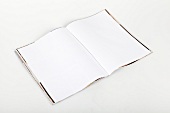 Close-up of white open notebook against white background