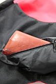 Close-up of purse in side pocket of backpack