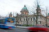 View of City hall with vehicles on street at Belfast, Northern Ireland