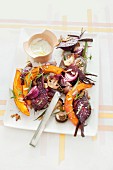 Autumnal oven-roasted vegetables with a sheep's cheese dip