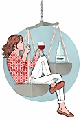 Frau auf einer Waage, Glas Rotwein, Flasche Wasser