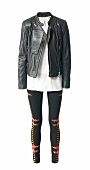 Black leather jacket over white top and patterned pants against white background