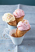 Ice cream with colourful sugar sprinkles in homemade cones