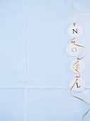 The word 'Noel' hung on a string against a white background