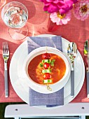 Gazpacho with a vegetable skewer (seen from above)