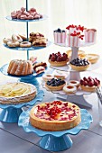 Various cakes, pastries and biscuits on cake stands