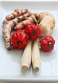 Turmeric roots, galangal, lemongrass and chilli Peppers