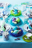 A table laid in turquoise for an Easter breakfast