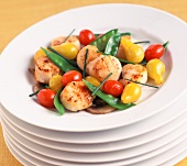 Scallops and Veggies in Stacked White Bowls