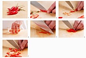 A chilli pepper being deseeded, sliced, cut into rings and chopped
