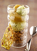Rhubarb and pistachio trifle with pistachio ice cream