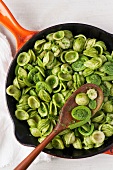 Spinach Mint Pesto on Orecchiette with Maine Shrimp and Fiddleheads