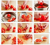 Tomatoes being blanched, the skin removed and then chopped