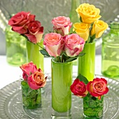 Verschiedene Rosen in Vasen als Tischdekoration