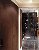 Modern bathroom with black speckled tiles and reflections in glass partition of floor-level shower