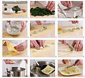 Spinach and ricotta filled ravioli being prepared