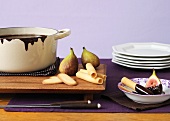 Chocolate fondue with figs and wafers