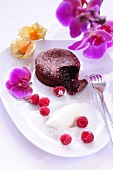 Mini chocolate cake filled with chocolate sauce, raspberries
