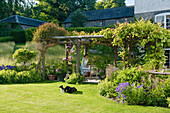 Covered pergola in green garden with flowers and dog