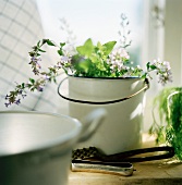 A bouquet of herbs in an enamel bucket