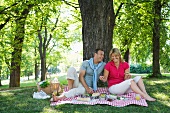 A couple having a picnic under a tree