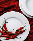 Fresh chilli peppers on white plate (from above)