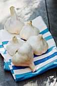 Several garlic bulbs on tea towel