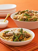 Bowl of Pasta with Beef and Asparagus; Shredded Parmesan