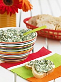Spinach Dip Spread on Two Slices of Bread; Spinach Dip; Bread Slices