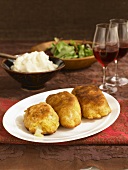 Chicken and Cheese Croquettes; Mashed Potatoes, Salad and Wine