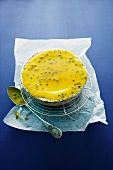 Poppy seed cheese cake with passion fruit sauce