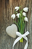Snowdrops with bow and stone heart