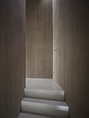 Oberste Treppenstufe in puristischem Flur mit flächenbündig in Holzverkleidung integrierten Türen