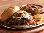 Blue Cheese Burger with Bacon and Onions; French Fries and Baked Beans