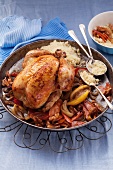Oriental roast chicken with braised vegetables and walnuts