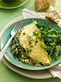 Omelette with green chilli peppers and a mixed leaf salad