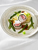 Lamb and rabbit roulade with tagliatelle and green asparagus