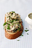 A slice of bread topped with mushroom cream