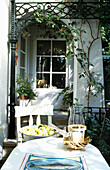 Still life with lemons in a bowl and a garden table