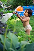 Kleines Mädchen giesst die Pflanzen im Garten