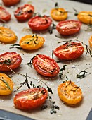 Oven roasted tomatoes on parchment paper