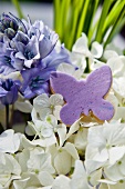 A purple butterfly biscuit, lilac and white hydrangeas