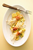 Scrambled eggs with enoki mushrooms and bacon