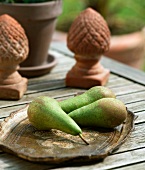 Three pears on a tray on a garden table