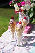 Ice cream cones with raspberry and yogurt ice cream