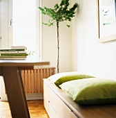 Bench with cushions and wooden table in living room