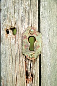 Detail of weathered wooden fence with keyhole plate